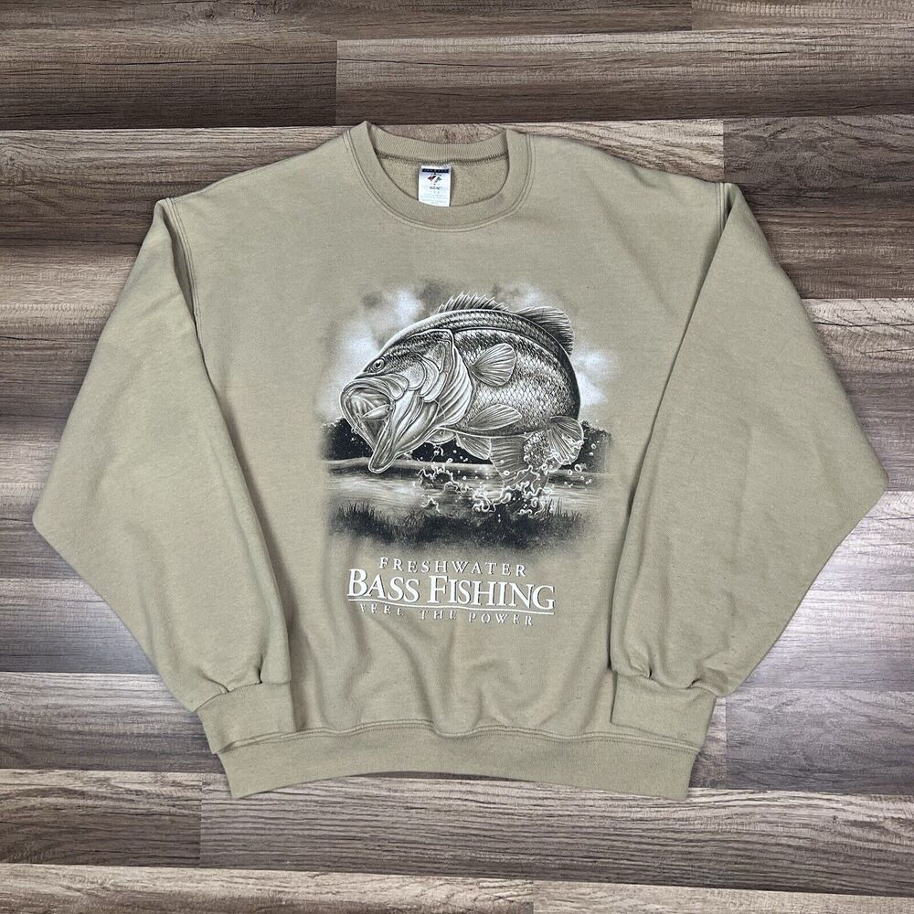 VTG Bass Fishing Crewneck Sweater Fresh Water Feel The Power Tan Size Large
